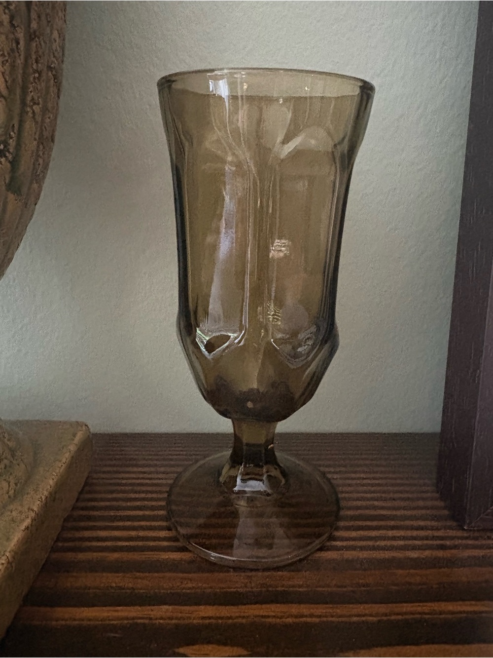 Vintage Smoky Amber Geometric Footed Goblet 6.5”